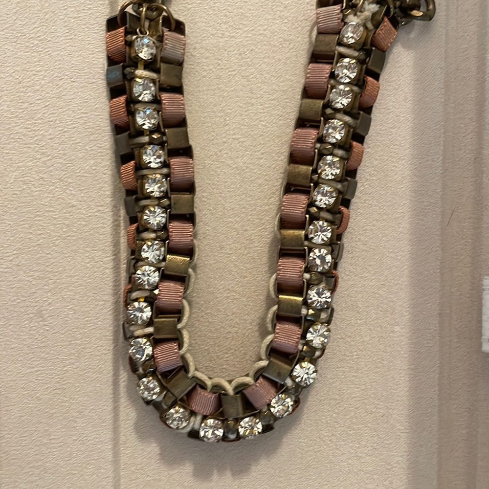 Stunning bronze, Diamond rhinestone, and pink grosgrain necklace